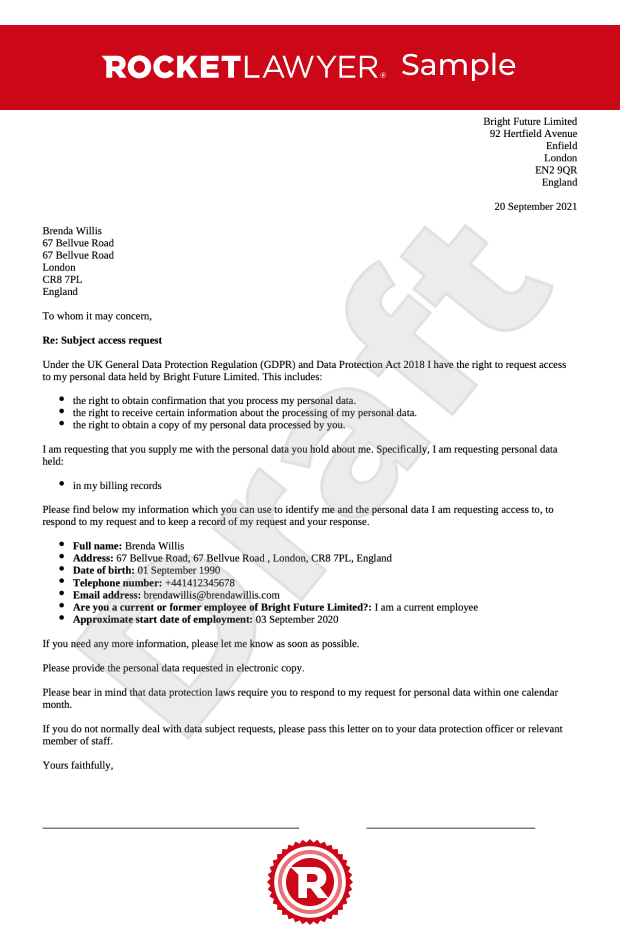 Sample Subject Access Request Letter